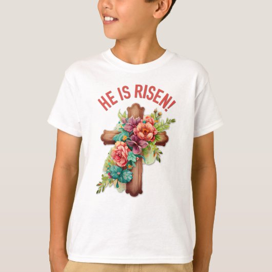 Hij is verrezen Pasen Waterverf Bloemenkruis T-shirt (Voorkant)