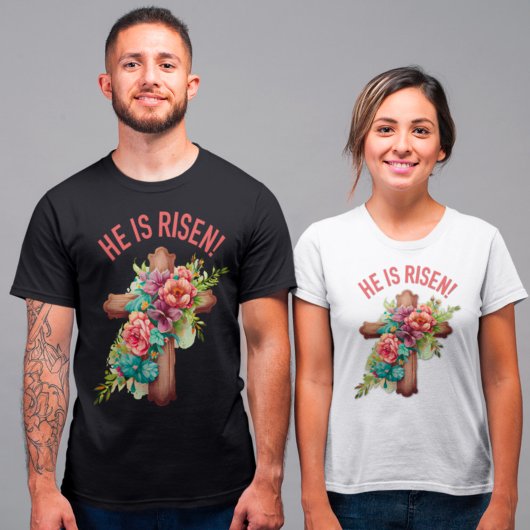 Hij is verrezen Pasen Waterverf Bloemenkruis T-shirt