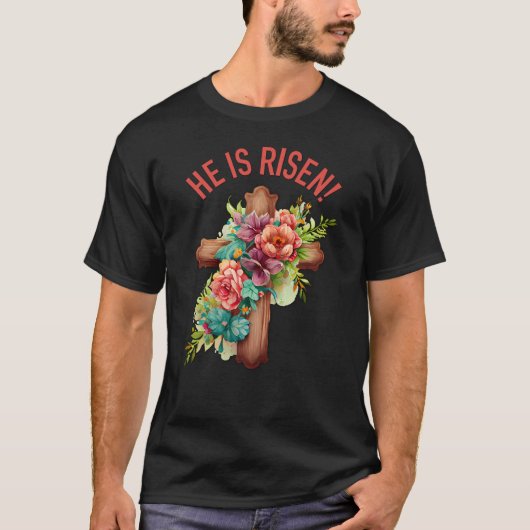 Hij is verrezen Pasen Waterverf Bloemenkruis T-shirt (Voorkant)