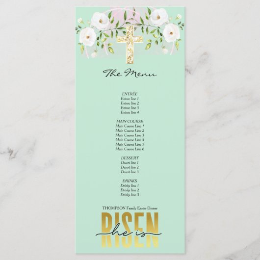 Hij is verrezen religieus Christelijk citaat Mint  Menu (Voorkant)