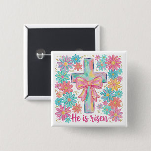 "Hij is verrezen" Religieus Kruis Pasen Vierkante Button 5,1 Cm