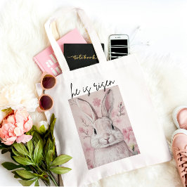 "Hij is verrezen" Roze konijn met bloem Tote Bag