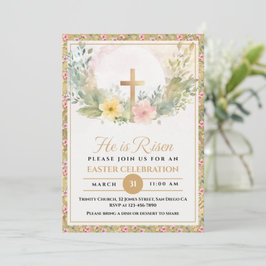 Hij is verrezen Waterverf paasbloemen, religieus Aankondiging (Staand voorkant)