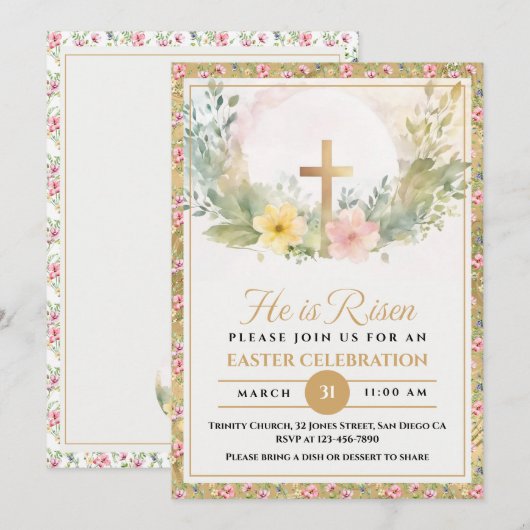 Hij is verrezen Waterverf paasbloemen, religieus Aankondiging (Voorkant / Achterkant)