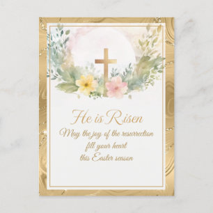 Hij is verrezen Waterverf paasbloemen, religieus Feestdagenkaart