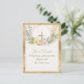 Hij is verrezen Waterverf paasbloemen, religieus Feestdagenkaart (Staand voorkant)