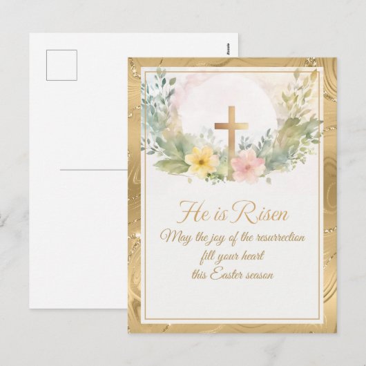 Hij is verrezen Waterverf paasbloemen, religieus Feestdagenkaart (Voorkant / Achterkant)