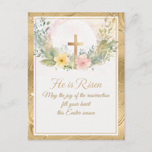 Hij is verrezen Waterverf paasbloemen, religieus Feestdagenkaart (Voorkant)