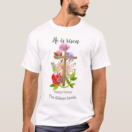 Hij is verstijfd, bloemhout Paasfamilie, religieuz T-shirt (Voorkant)
