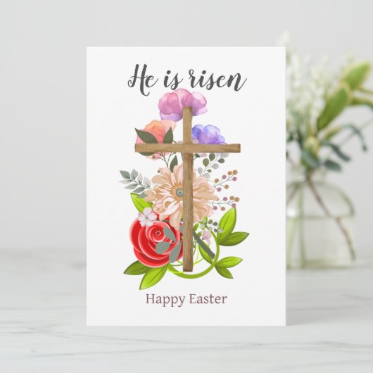 Hij is verstijfd, floreel hout Pasen, Religieus Feestdagenkaart (Staand voorkant)