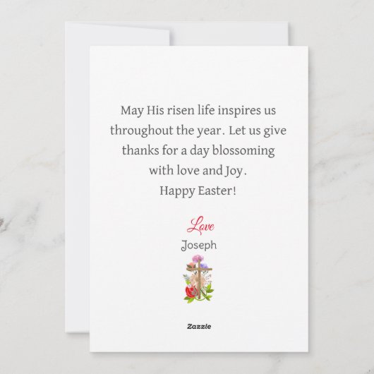 Hij is verstijfd, floreel hout Pasen, Religieus Feestdagenkaart (Achterkant)