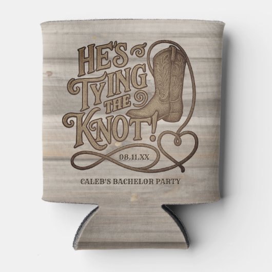 Hij Knoopt de Knoop Cowboy Houtsnede Bachelorfeest Blikjeskoeler (Voorkant)