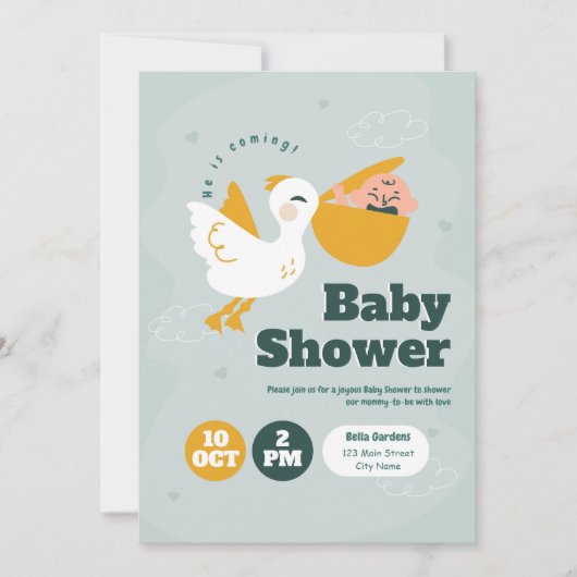 Hij komt eraan! uitnodiging tot baby shower (Voorkant)
