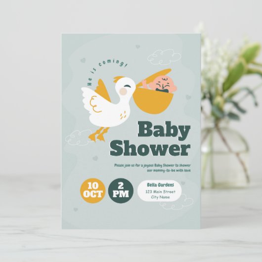 Hij komt eraan! uitnodiging tot baby shower (Staand voorkant)