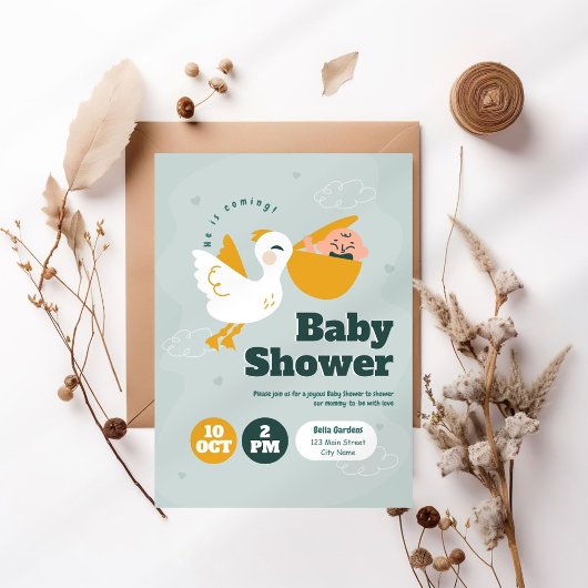 Hij komt eraan! uitnodiging tot baby shower