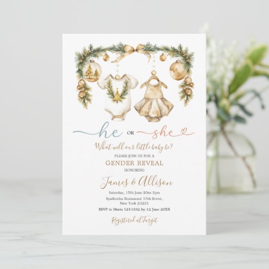 Hij of zij Baby Kleding Gouden Kerst Genderonthull Kaart (Staand voorkant)