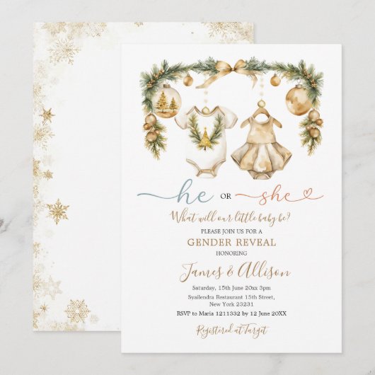 Hij of zij Baby Kleding Gouden Kerst Genderonthull Kaart (Voorkant / Achterkant)