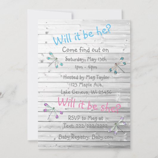 Hij of zij, Baby shower Gender Reveal Dragonfly Kaart (Achterkant)