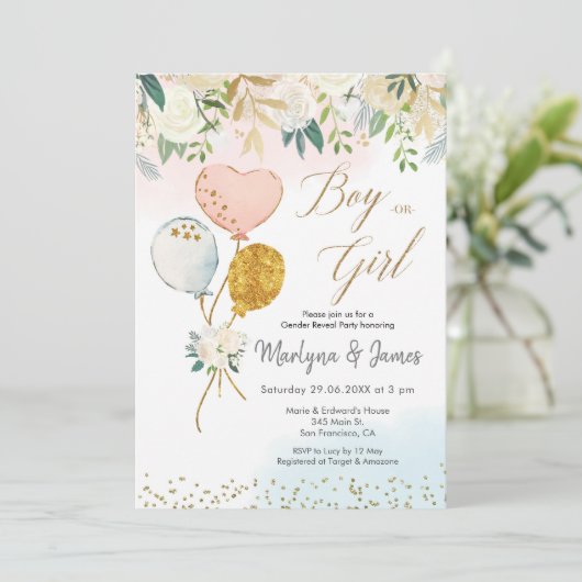 Hij of zij Ballon Gender Reopenbaart Uitnodiging (Staand voorkant)