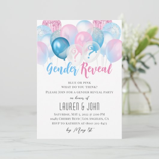 Hij of zij Ballon Gender Reopenbaart Uitnodiging (Staand voorkant)