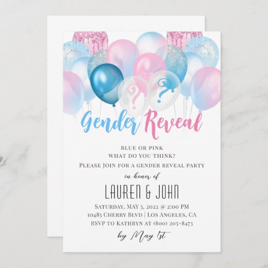 Hij of zij Ballon Gender Reopenbaart Uitnodiging (Voorkant / Achterkant)