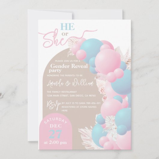 Hij of Zij Ballon Modern Gender reveal party Kaart (Voorkant)