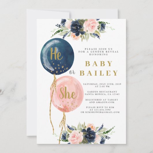 Hij of Zij Ballonnen Geslacht Onthullen Uitnodigin Kaart (Voorkant)