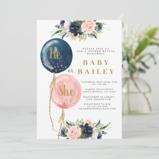 Hij of Zij Ballonnen Geslacht Onthullen Uitnodigin Kaart (Staand voorkant)