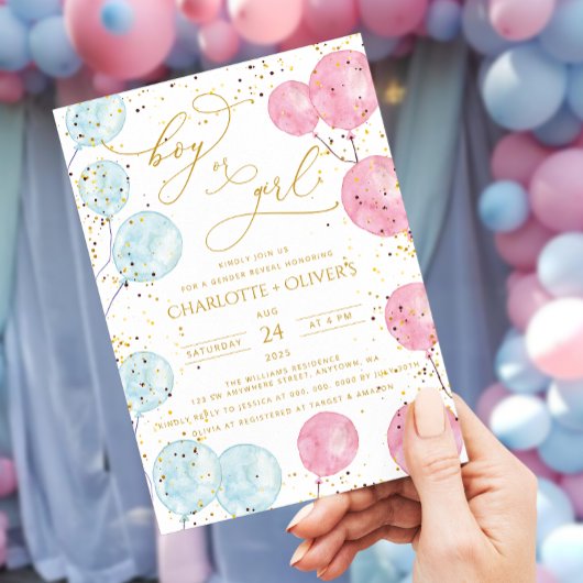 Hij of zij ballonnen Geslacht onthullen Uitnodigin Kaart