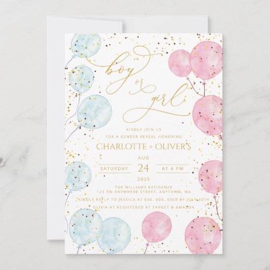 Hij of zij ballonnen Geslacht onthullen Uitnodigin Kaart (Voorkant)