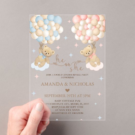 Hij of zij Beer geslachtsonthulling Acryl Uitnodigingen (Insitu (Draagbaar))