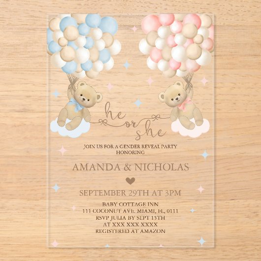 Hij of zij Beer geslachtsonthulling Acryl Uitnodigingen (Voorkant)