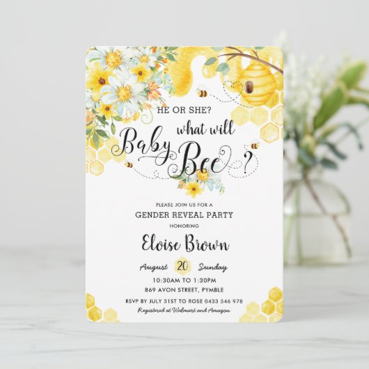 Hij of zij bijt gele bloemen gender reveal party kaart (Staand voorkant)