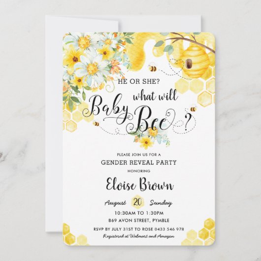 Hij of zij bijt gele bloemen gender reveal party kaart (Voorkant)