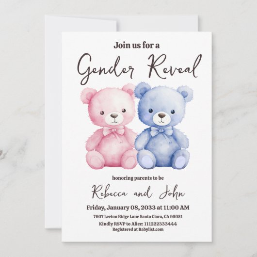 Hij of zij Blauw en Roze Beer Gender Reveal Party Kaart (Voorkant)