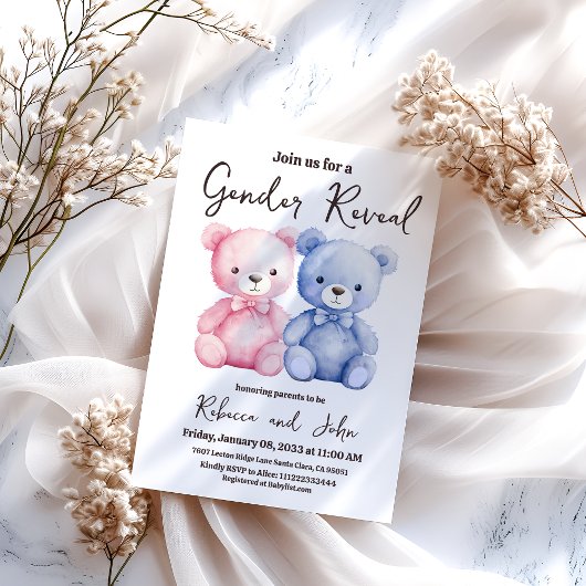 Hij of zij Blauw en Roze Beer Gender Reveal Party Kaart