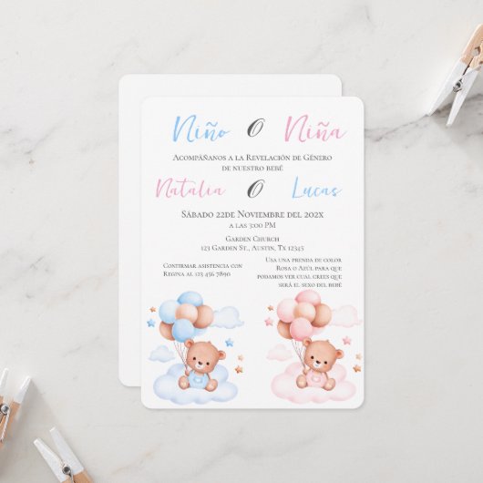 Hij of zij Blauw of Roze Genderonthulling Uitnodig Kaart (Voorkant / Achterkant in situ)