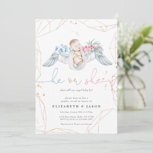 Hij of zij Blauw Roze Angel Glitter Gender onthull Kaart (Staand voorkant)