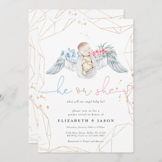 Hij of zij Blauw Roze Angel Glitter Gender onthull Kaart (Voorkant / Achterkant)