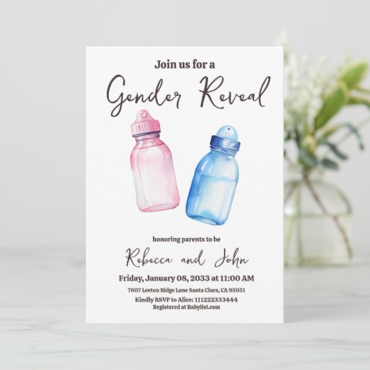 Hij of zij Blue en Pink Baby Bottle Gender Reveal Kaart (Staand voorkant)