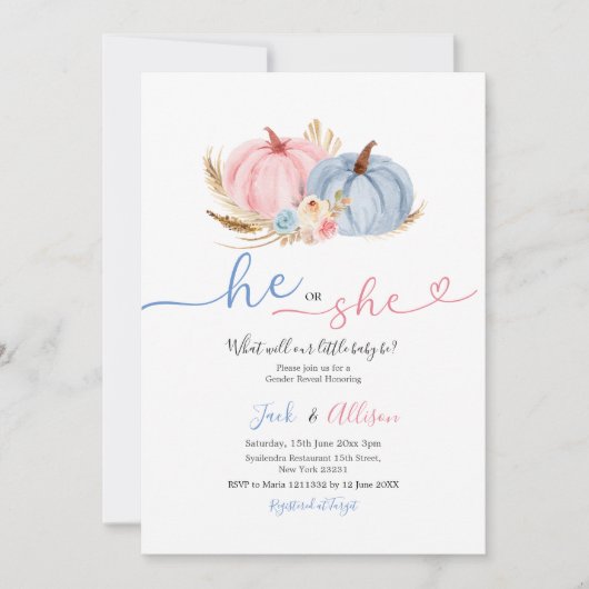Hij of zij Blue Gingham Pink Pumpkin Gender Reveal Kaart (Voorkant)