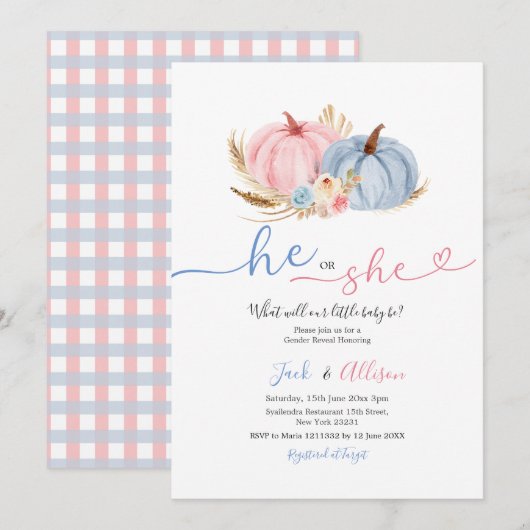Hij of zij Blue Gingham Pink Pumpkin Gender Reveal Kaart (Voorkant / Achterkant)