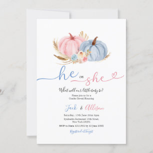 Hij of zij Blue Gingham Pink Pumpkin Gender Reveal Kaart