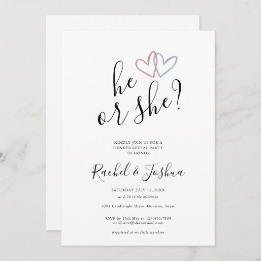 Hij of zij Blue Pink Hearts Gender Reveal Party Kaart (Voorkant / Achterkant)