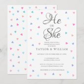 Hij of zij Blue Pink Hearts Gender Reveal Party Kaart (Voorkant / Achterkant)