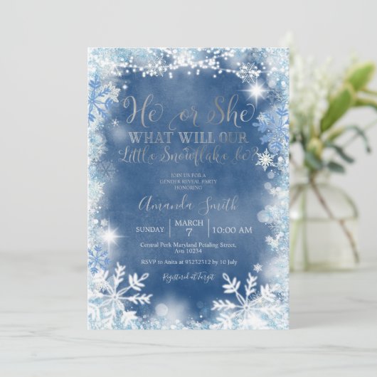 Hij of zij Blue Silver Snowflakes Gender onthullin Kaart (Staand voorkant)