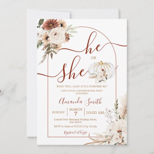 Hij of zij Boho Arch Pumpkin Gender onthult Invita Kaart (Voorkant)