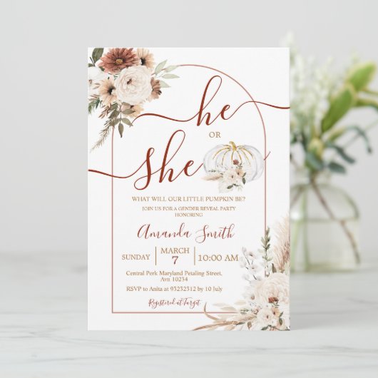 Hij of zij Boho Arch Pumpkin Gender onthult Invita Kaart (Staand voorkant)