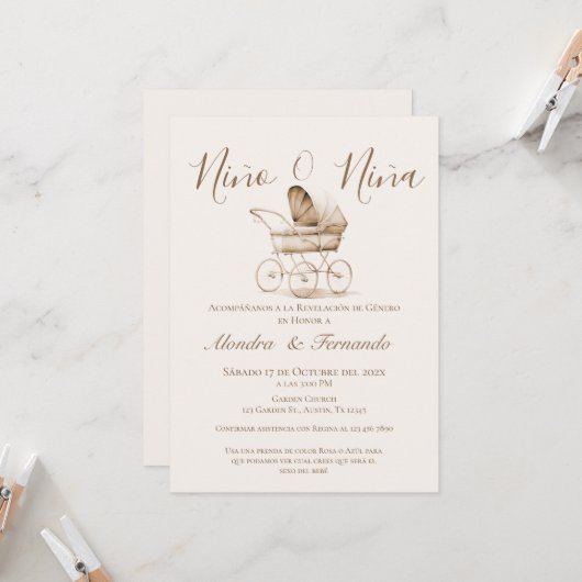 Hij of zij Boho Baby Stroller Gender Reveal Invita Kaart (Voorkant / Achterkant in situ)