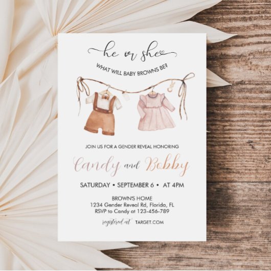 Hij of zij Boho Clothesline Gender Reveal Kaart